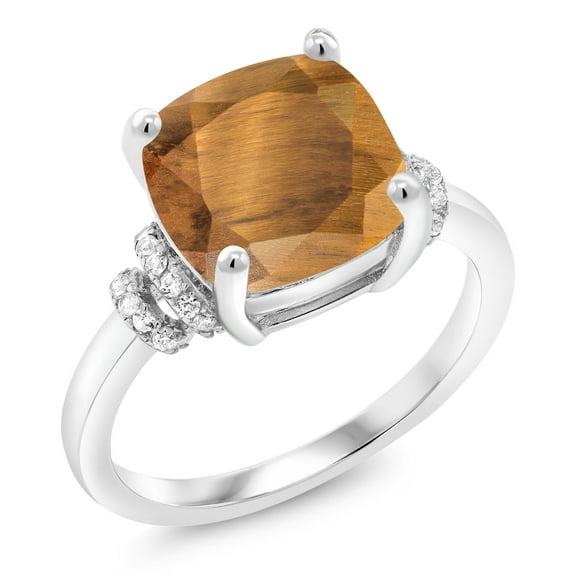 Gem Stone King 3.79 Ct Cushion Brown Tiger Eye 925 Sterling Silver Ring