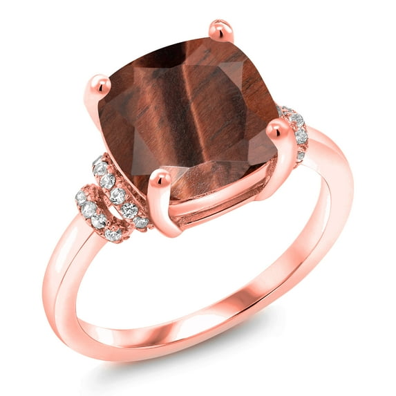Gem Stone King 18K Rose Gold Plated Silver Red Tiger Eye Engagement Ring for Women | 3.79 Cttw | Cushion 10MM | Gemstone Birthstone | Size 8