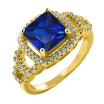 Gem Stone King 3.80 Ct Princess Blue Created Sapphire 18K Yellow Gold Plated Silver Ring (Size 6)
