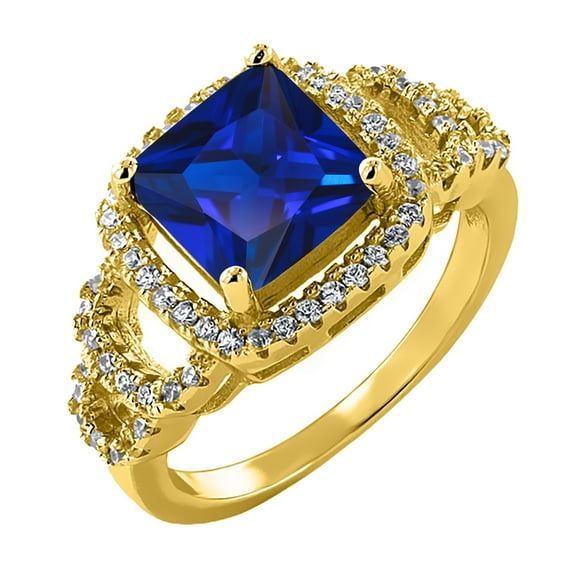 Gem Stone King 3.80 Ct Princess Blue Created Sapphire 18K Yellow Gold Plated Silver Ring (Size 6)