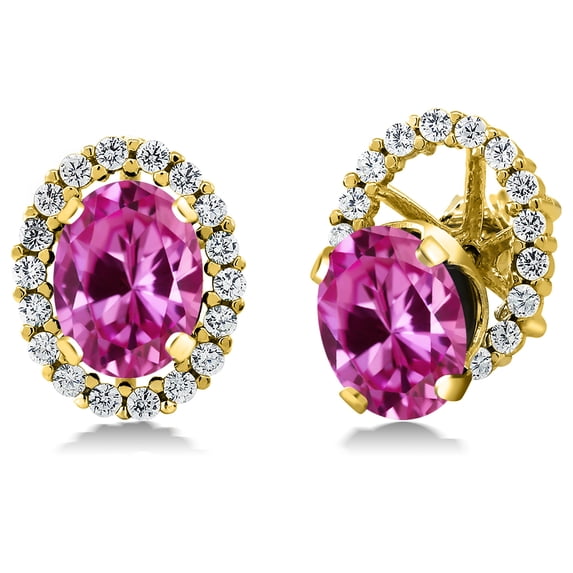 Gem Stone King 3.82 Ct Oval Pink Created Sapphire 18K Yellow Gold Plated Silver Earrings