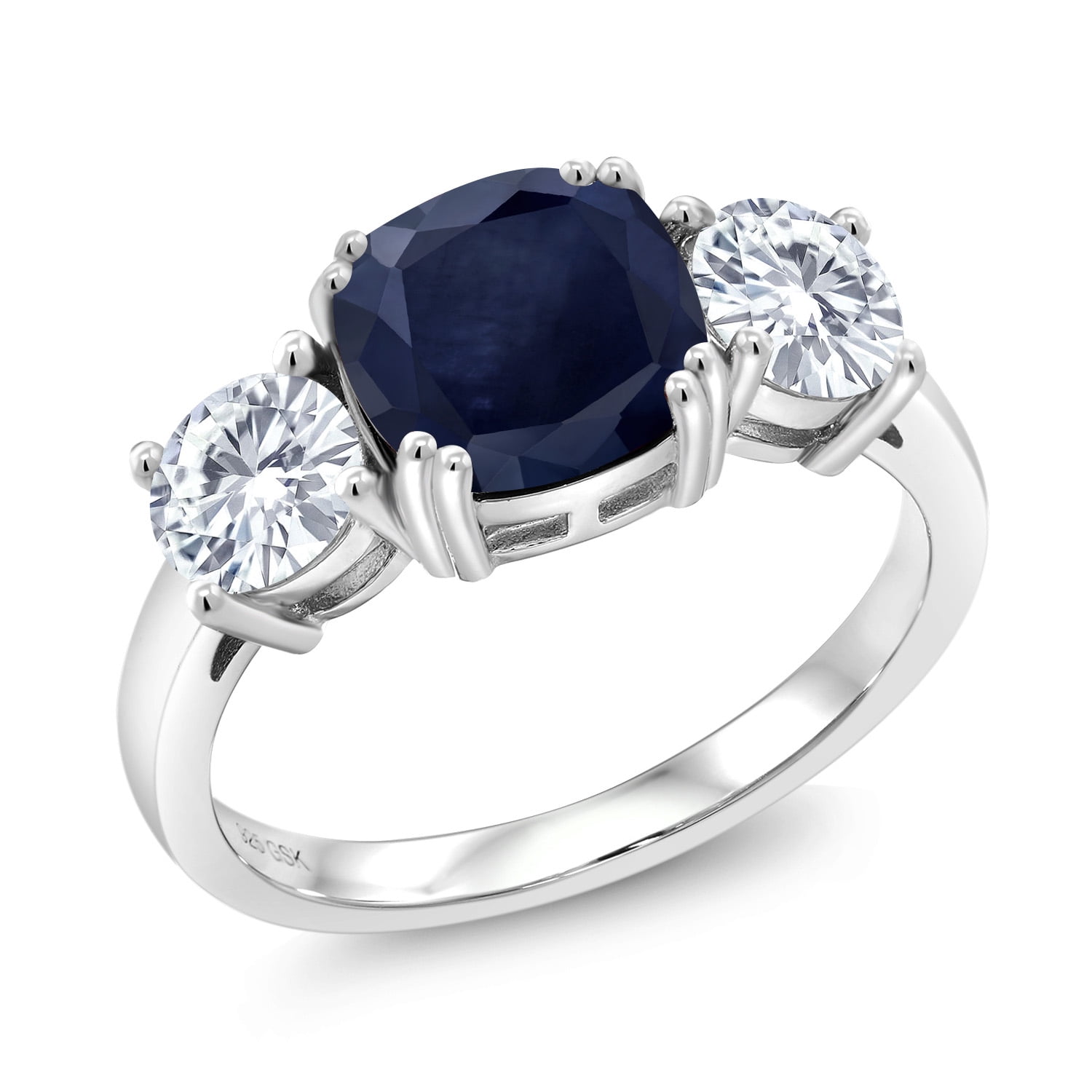 Gem Stone King 3.82 Cttw Blue Sapphire and White Moissanite 3 Stone Engagement Ring for Women | 925 Sterling Silver | Gemstone Birthstone | Cushion 8MM and Round 5MM| Size 8
