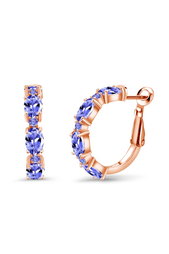 3.84 Ct Oval Blue Tanzanite 18K Rose Gold Plated Silver Hoop Earrings