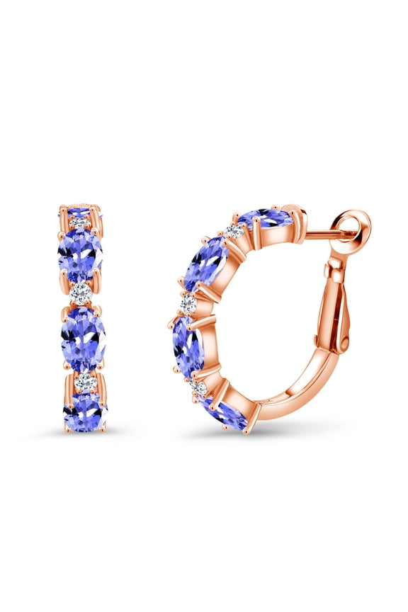 3.84 Ct Oval Blue Tanzanite White Topaz 18K Rose Gold Plated Silver Hoop Earrings
