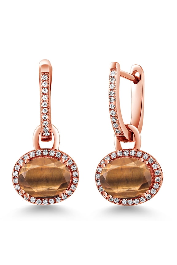3.84 Ct Oval Brown Tiger Eye 18K Rose Gold Plated Silver Earrings