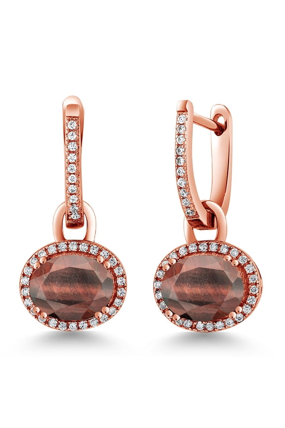 3.84 Ct Oval Red Tiger Eye 18K Rose Gold Plated Silver Earrings