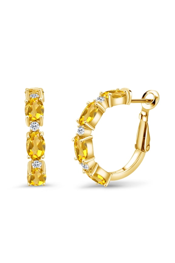 3.84 Ct Oval Yellow Citrine White Topaz 18K Yellow Gold Plated Silver Hoop Earrings