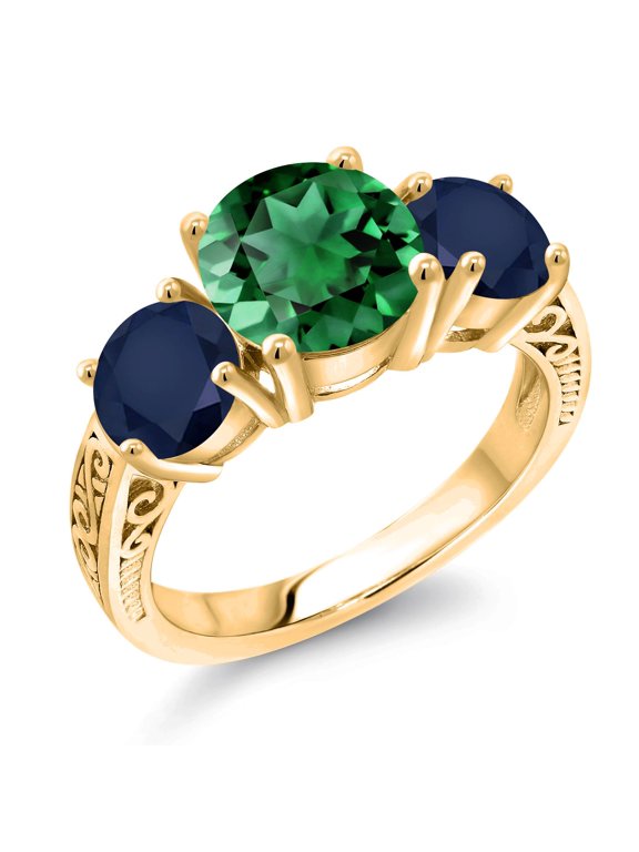 18K Yellow Gold Plated Silver Green Nano Emerald and Blue Sapphire Engagement Ring for Women | 3.85 Cttw | Round 8MM | Wedding Engagement Anniversary Promise Ring for Women | Size 5