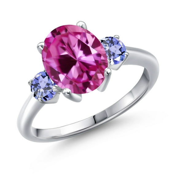 Gem Stone King 3.85 Ct Oval Pink Created Sapphire Blue Tanzanite 925 Sterling Silver Ring (Size 9)