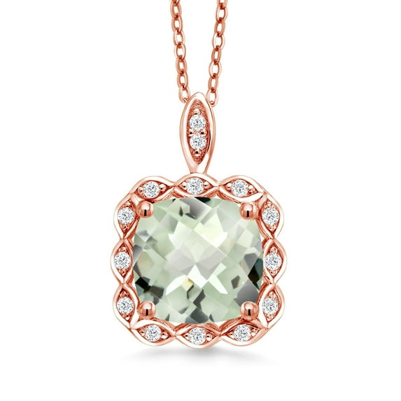Gem Stone King 3.89 Ct Cushion Checkerboard Green Prasiolite 18K Rose Gold Plated Silver Pendant