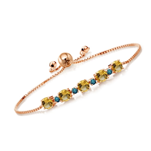 Gem Stone King 3.89 Ct Round Yellow Citrine Blue Diamond 18K Rose Gold Plated Silver Tennis Bracelet for Women