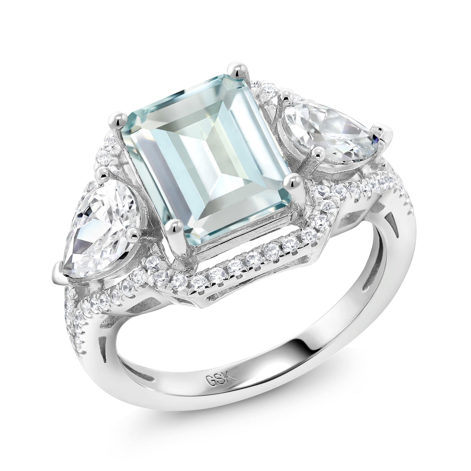 Gem Stone King 3.89 Cttw Sky Blue Simulated Aquamarine Ring for Women | 925 Sterling Silver | Emerald Cut 10X8MM | Pear Shape 7X5MM | Wedding Engagement Anniversary Promise Ring for Women| Size 7