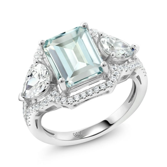 Gem Stone King 3.89 Cttw Sky Blue Simulated Aquamarine Ring for Women | 925 Sterling Silver | Emerald Cut 10X8MM | Pear Shape 7X5MM | Wedding Engagement Anniversary Promise Ring for Women| Size 7