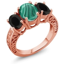 Gem Stone King 3.90 Ct Oval Green Malachite Black Onyx 18K Rose Gold Plated Silver Ring (Size 9)