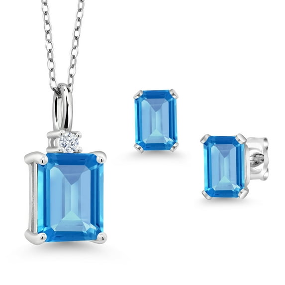 Gem Stone King 3.93 Ct Swiss Blue Topaz 925 Sterling Silver Pendant and Earrings Jewelry Set
