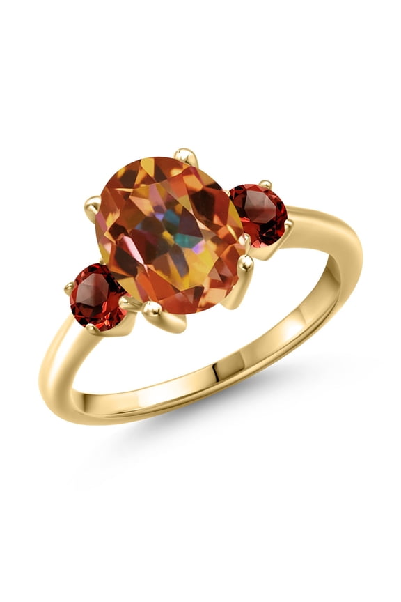 3.94 Ct Oval Ecstasy Mystic Topaz Red Garnet 18K Yellow Gold Plated Silver Ring (Size 7)