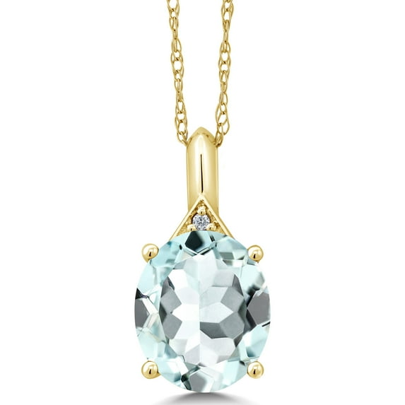 Gem Stone King 3.95 Ct Oval Sky Blue Simulated Aquamarine White Diamond 14K Yellow Gold Pendant