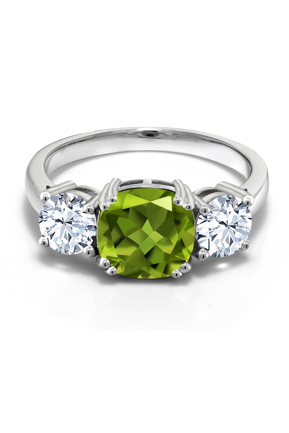 3.95 Cttw Green Peridot and White Zirconia 3-Stone Engagement Ring for Women | 925 Sterling Silver | Cushion 8MM | Three Stone Wedding Engagement Anniversary Promise Ring | Size 6