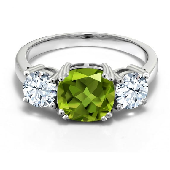 Gem Stone King 3.95 Cttw Green Peridot 3-Stone Engagement Ring for Women | 925 Sterling Silver | Cushion 8MM and Round 5MM | Three Stone Wedding Engagement Anniversary Promise Ring | Size 5