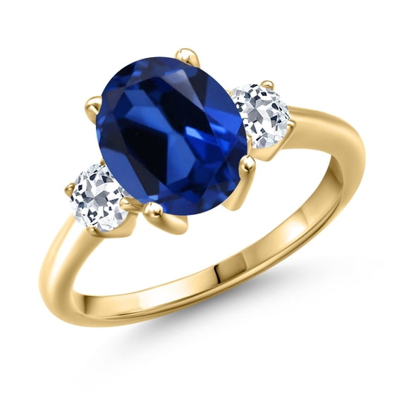 Gem Stone King 3.96 Ct Oval Blue Created Sapphire White Topaz 18K Yellow Gold Plated Silver Ring