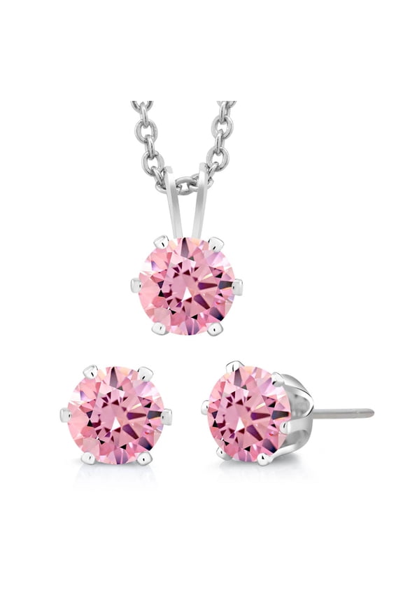 3-Piece Set: 3 Carat Cttw Pink Cubic Zirconia Necklace and Earrings Jewelry Set