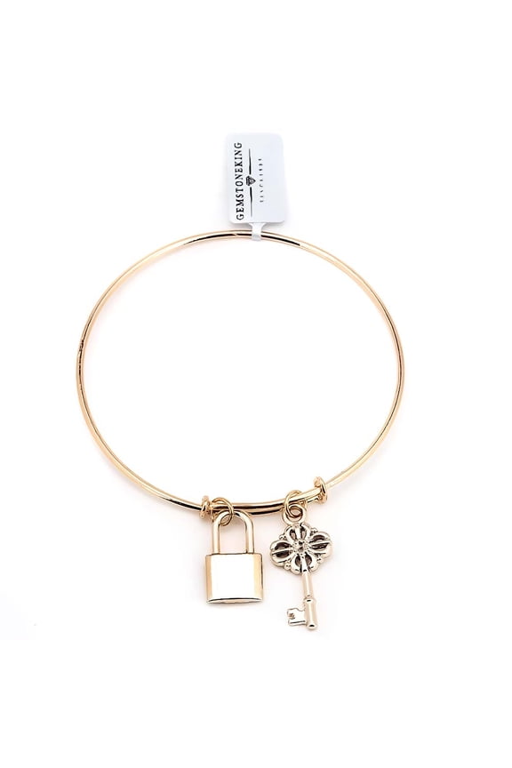 3 inch Wide Gold Plated Brass Lock and Key Duo Charm Bangle Bracelet for Women