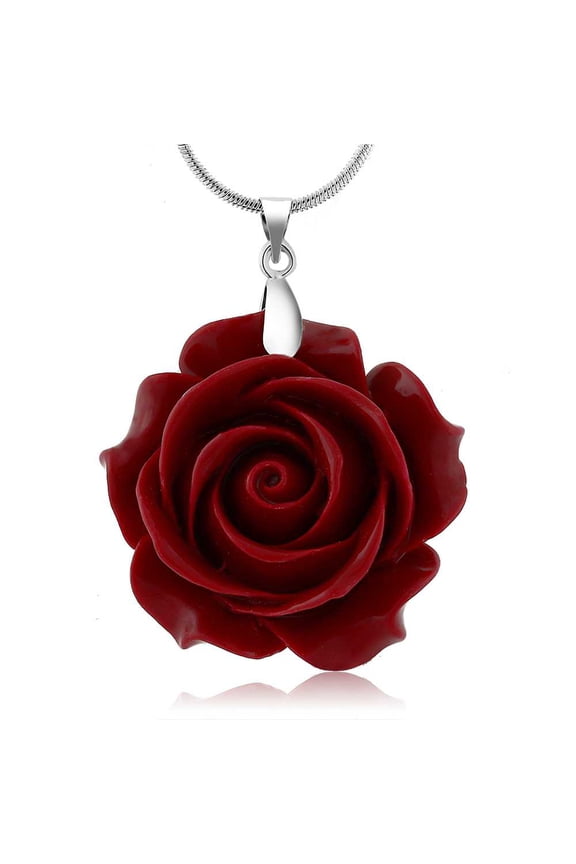 35mm Red Simulated Coral Carved Rose Flower Pendant With 16+2 inches Extender Chain