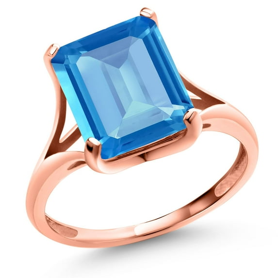 Gem Stone King 5.60 Ct Octagon Swiss Blue Topaz 14K Rose Gold Ring
