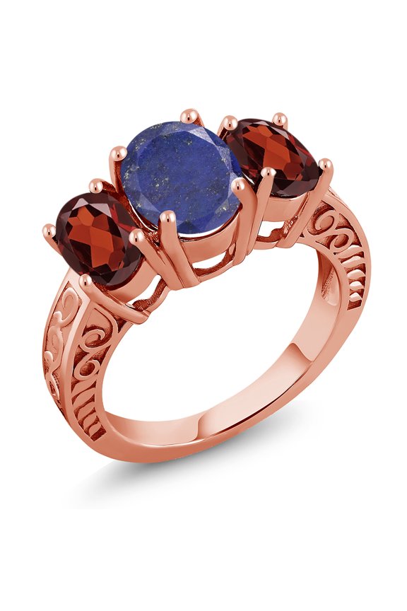 4.00 Ct Oval Blue Lapis Red Garnet 18K Rose Gold Plated Silver Ring (Size 9)