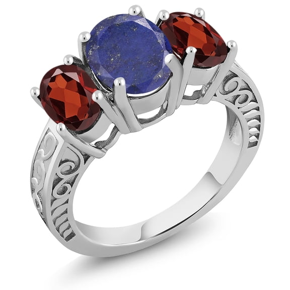 Gem Stone King 4.00 Ct Oval Blue Lapis Red Garnet 925 Sterling Silver Ring (Size 8)