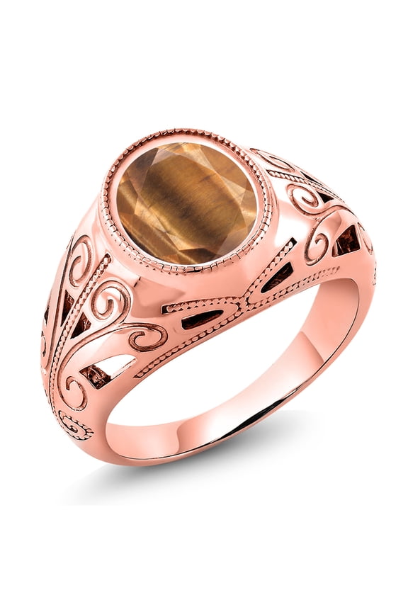 4.00 Ct Oval Brown Tiger Eye 18K Rose Gold Plated Silver Dad Father's Day Gift Men'sRing