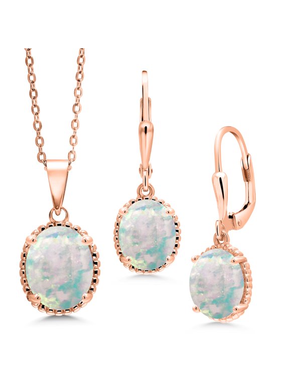 4.00 Ct Oval Cabochon White Simulated Opal 18K Rose Gold Plated Sterling Silver Pendant and Earrings Jewelry Set