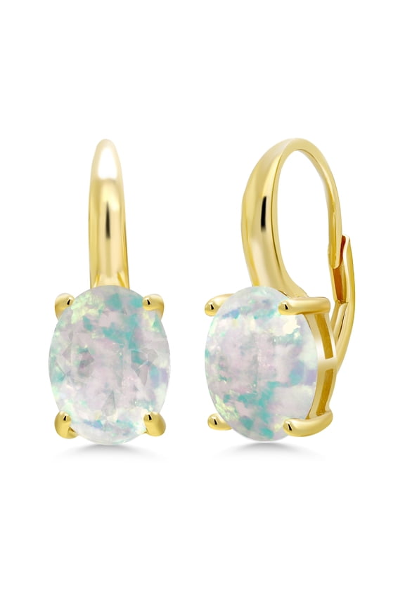 4.00 Ct Oval Cabochon White Simulated Opal 18K Yellow Gold Plated Silver Earrings