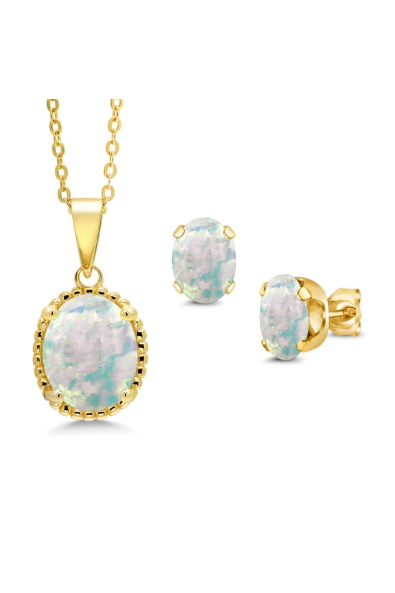 4.00 Ct Oval Cabochon White Simulated Opal 18K Yellow Gold Plated Silver Pendant and Earrings Jewelry Set