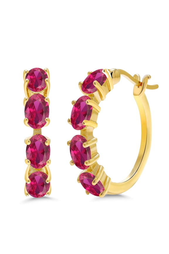 4.00 Cttw Oval Red Created Ruby 18K Yellow Gold Plated Silver Hoop Earrings for Women | Oval 6X4MM