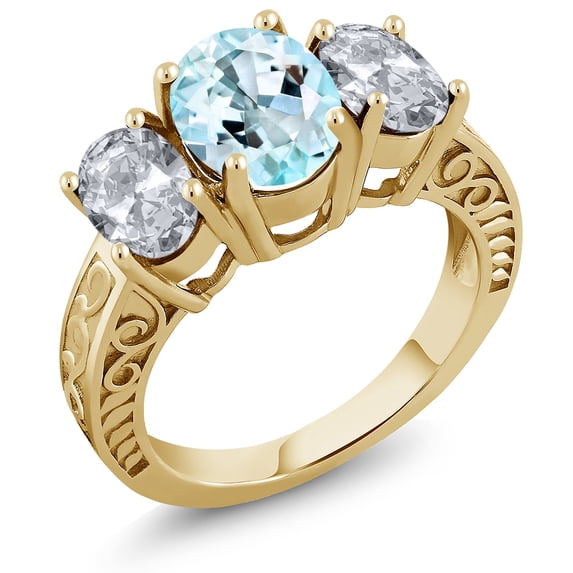 Gem Stone King 4.00 Ct Oval Sky Blue Topaz White Topaz 18K Yellow Gold Plated Silver 3-Stone Ring (Size 9)