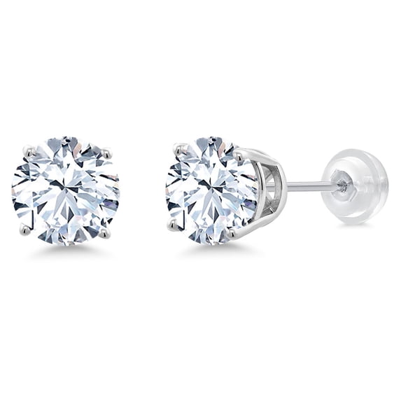 Gem Stone King 4.00 Ct Round 8mm White Zirconia 14K White Gold Stud Earrings for Women Men with Comfort Back