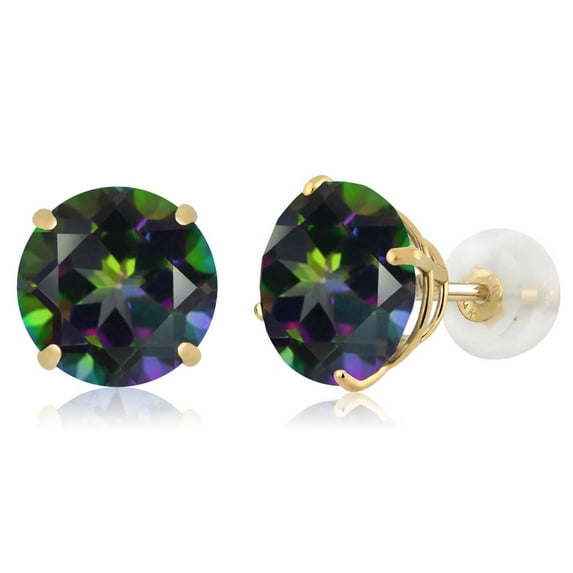 Gem Stone King 4.00 Ct Round Green Mystic Topaz 14K Yellow Gold Stud Earrings for Women Men