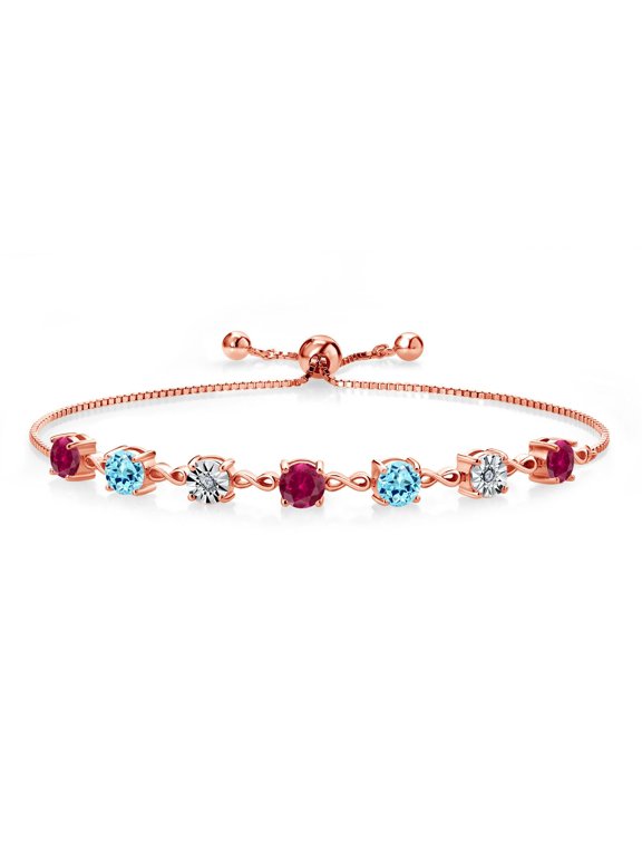 4.00 Ct Round Red Created Ruby Blue Apatite 18K Rose Gold Plated Silver Lab Grown Diamond Tennis Bracelet for Women (Fully Adjustable up to 9 inch)