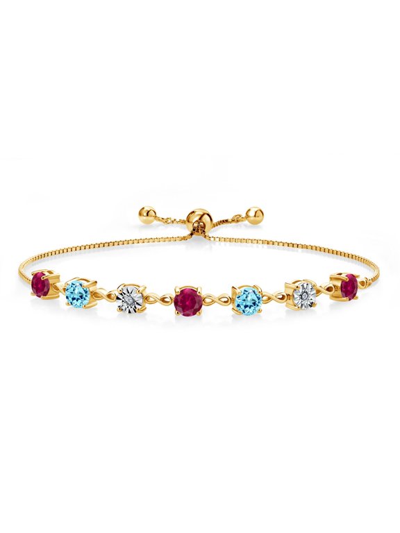 4.00 Ct Round Red Created Ruby Blue Apatite 18K Yellow Gold Plated Silver Lab Grown Diamond Tennis Bracelet for Women (Fully Adjustable up to 9 inch)