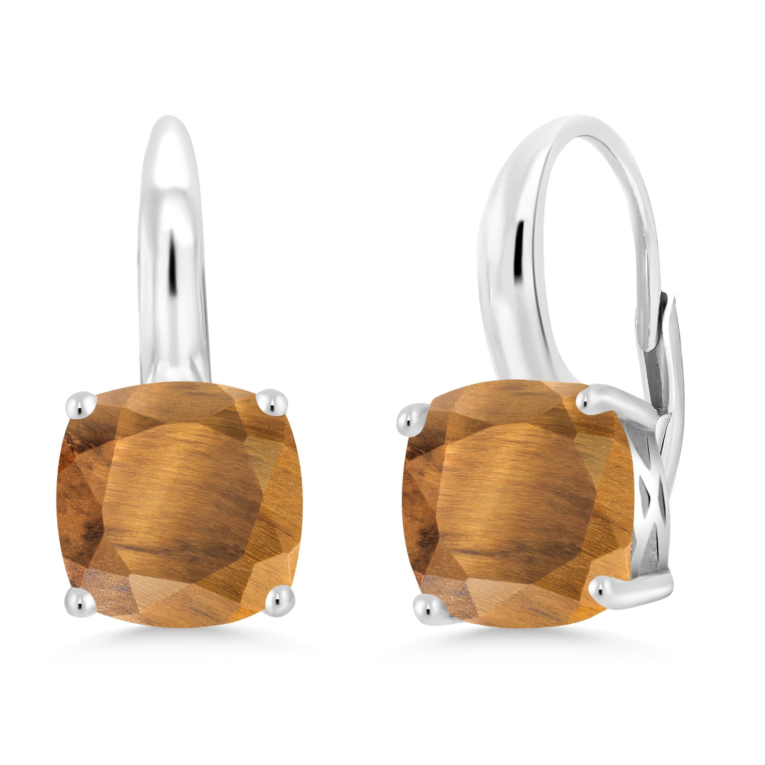 Gem Stone King 4.00 Cttw Brown Tiger Eye Earrings for Women | 925 Sterling Silver | Gemstone Birthstone | Cushion 8MM
