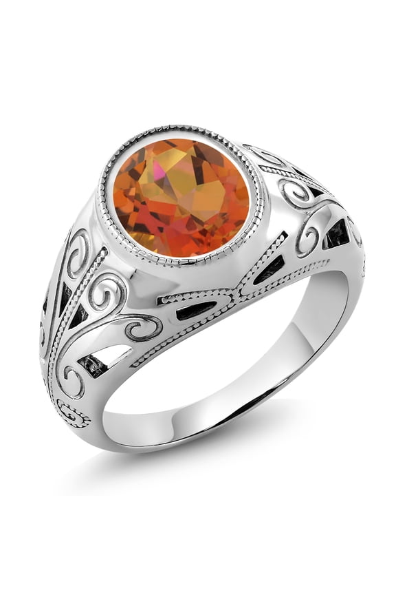 4.00 Cttw Twilight Orange Mystic Quartz 925 Sterling Silver Ring for Men | Gemstone Birthstone | Oval  12X10MM | Available in Size 7, 8, 9, 10, 11, 12, 13