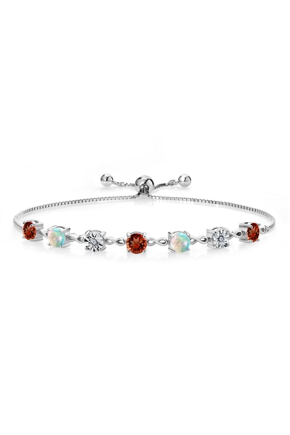 4.01 Ct Round Red Garnet White Simulated Opal 925 Sterling Silver Lab Grown Diamond Tennis Bracelet for Women (Fully Adjustable up to 9 inch)
