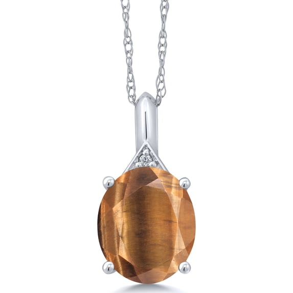 Gem Stone King 4.02 Ct Oval Brown Tiger Eye White Diamond 14K White Gold Pendant with Chain