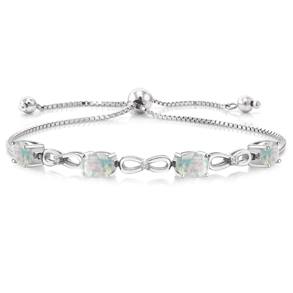 Gem Stone King 4.02 Ct Oval Cabochon White Simulated Opal E-F Lab Grown Diamond 925 Silver Bracelet for Women