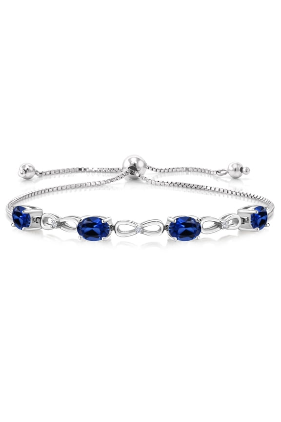 4.02 Cttw Blue Created Sapphire and White Lab Grown Diamond 925 Sterling Silver Bracelet for Women | Oval 7X5MM | Adjustable Bolo Bracelet for Women | Easy-On Easy-Off