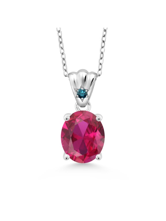 4.03 Ct Oval Red Created Ruby Blue Diamond 925 Sterling Silver Pendant