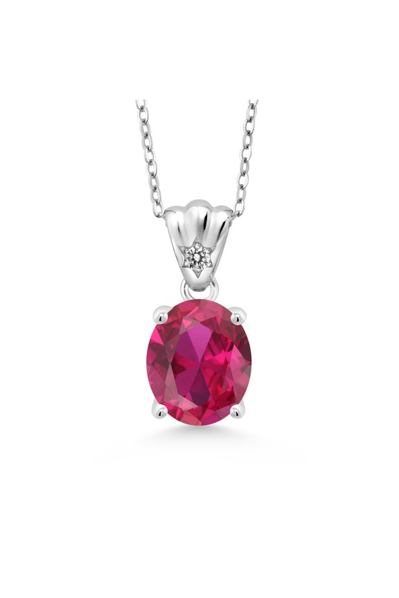 4.03 Ct Oval Red Created Ruby White Diamond 925 Sterling Silver Pendant