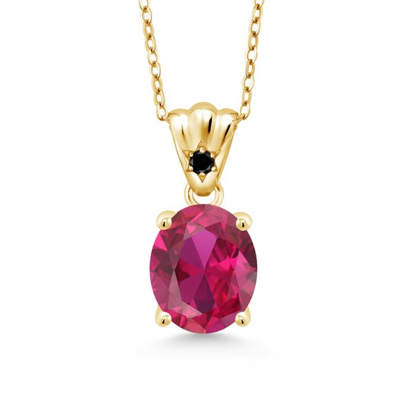 Gem Stone King 4.03 Ct Red Created Ruby Black Diamond 18K Yellow Gold Plated Silver Pendant
