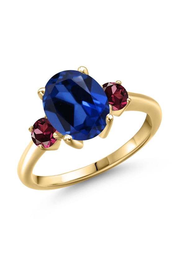 4.04 Ct Blue Created Sapphire Red Rhodolite Garnet 18K Yellow Gold Plated Silver Ring (Size 5)